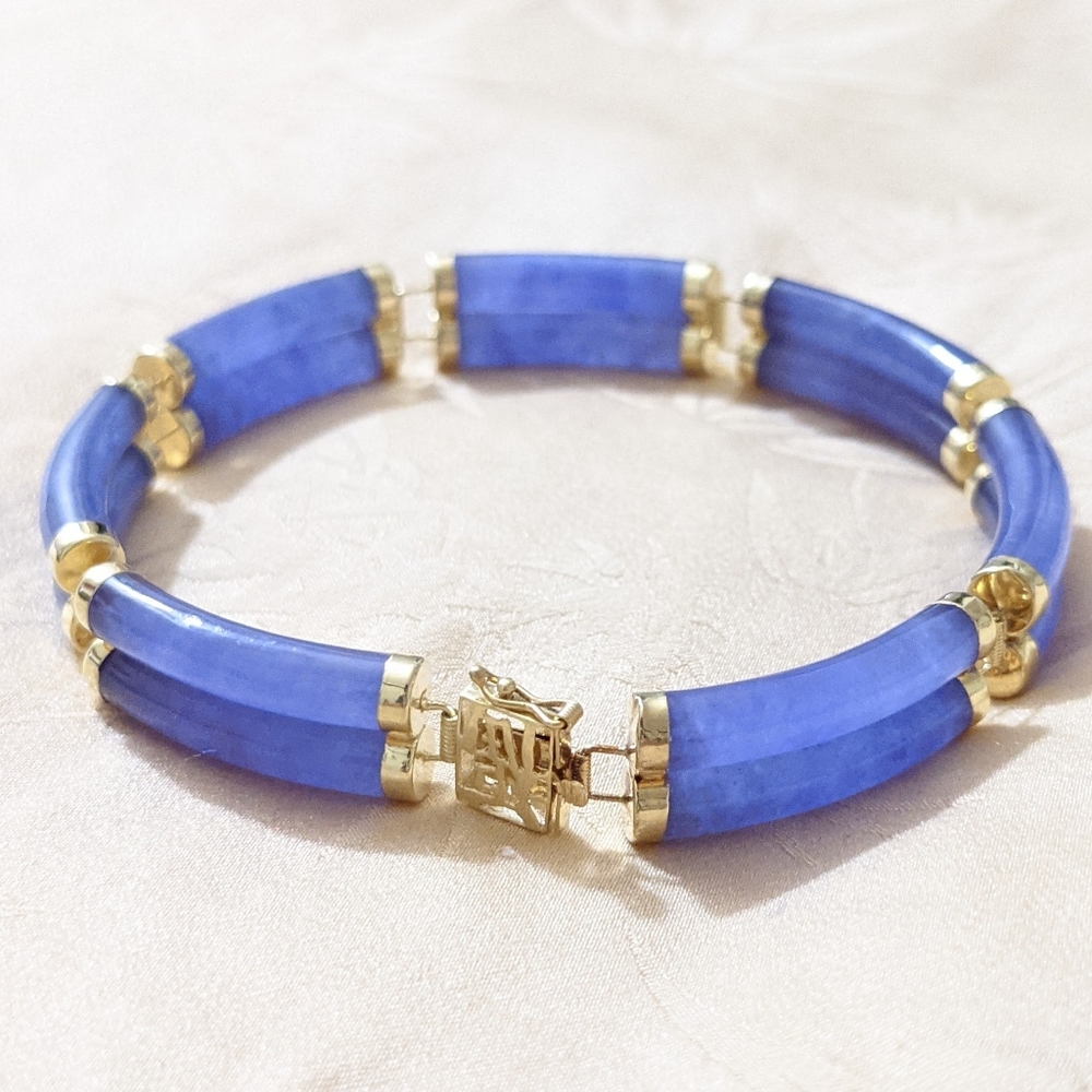 14k Solid Gold Lavender Jade Double Banded Bracelet